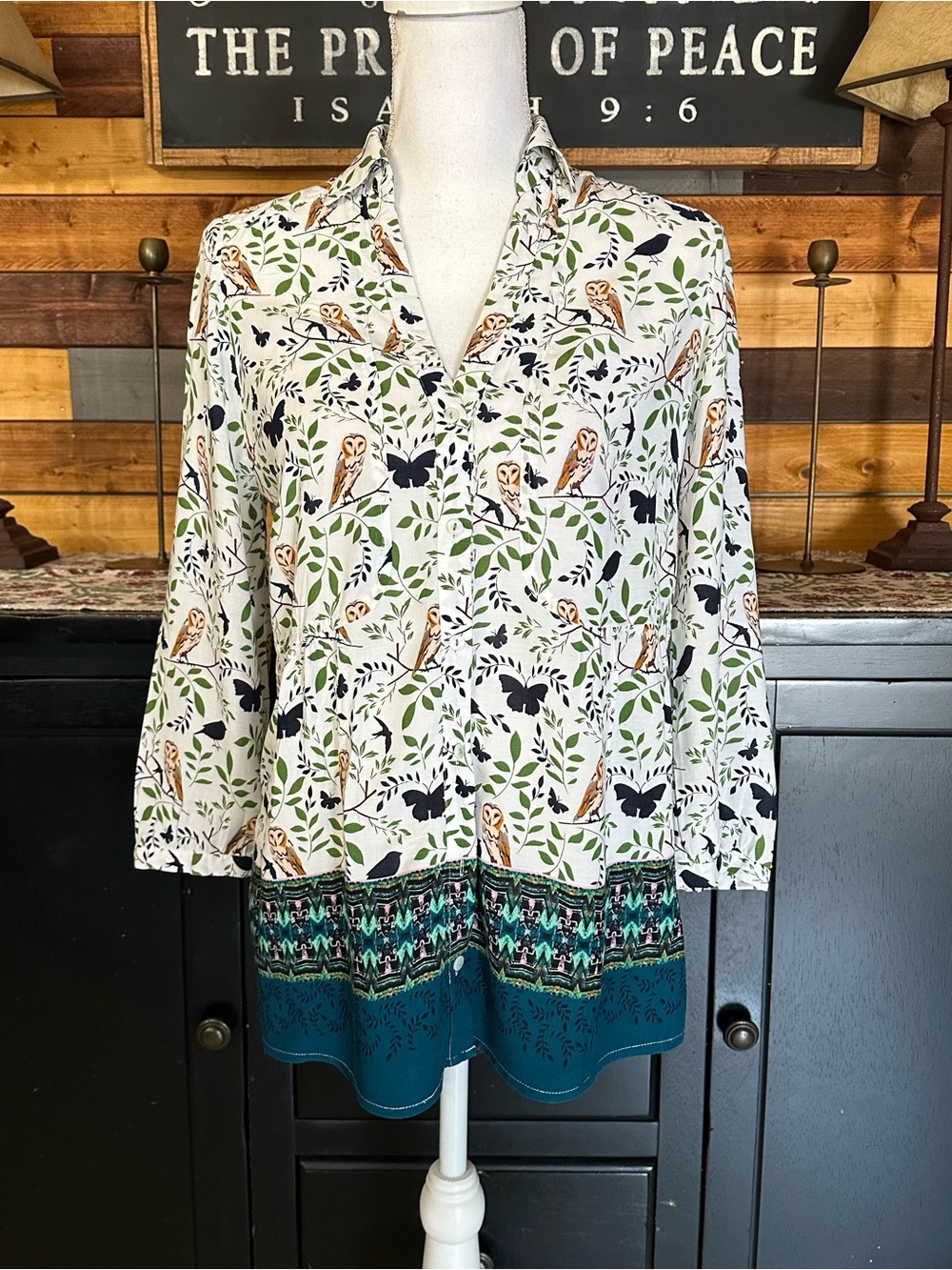 Anthropologie Maeve Owl & Leaf Print Button-Up Blouse with Teal Border